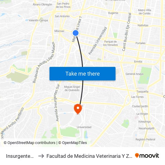 Insurgentes Sur to Facultad de Medicina Veterinaria Y Zootécnia map