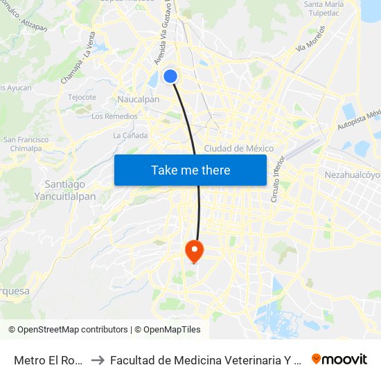 Metro El Rosario to Facultad de Medicina Veterinaria Y Zootécnia map