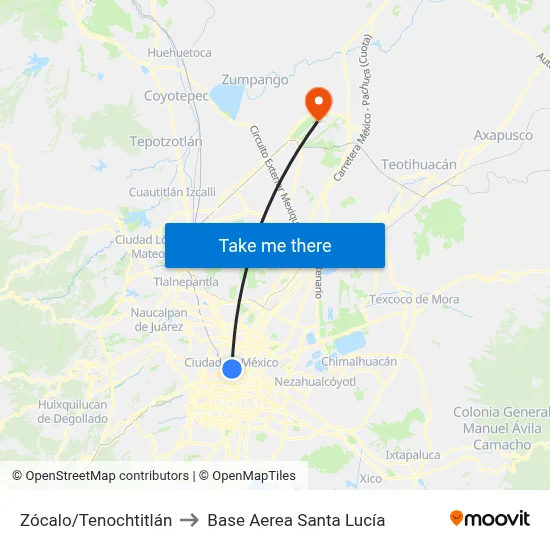 Zócalo/Tenochtitlán to Base Aerea Santa Lucía map