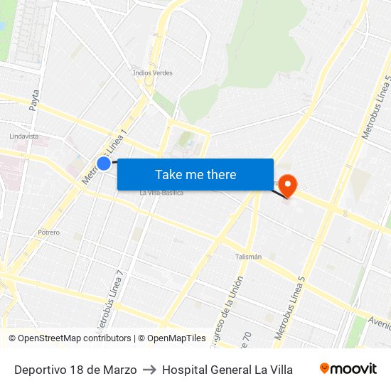 Deportivo 18 de Marzo to Hospital General La Villa map