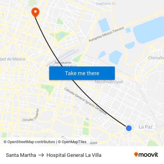 Santa Martha to Hospital General La Villa map