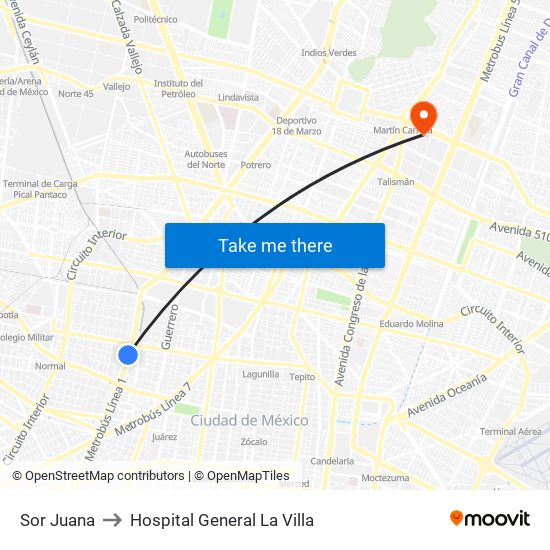 Sor Juana to Hospital General La Villa map