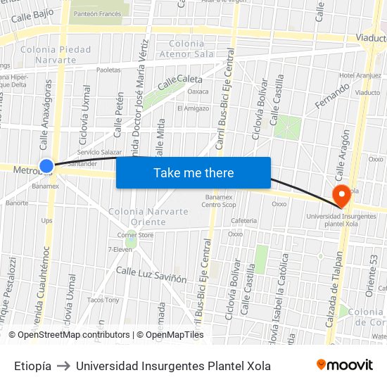 Etiopía to Universidad Insurgentes Plantel Xola map