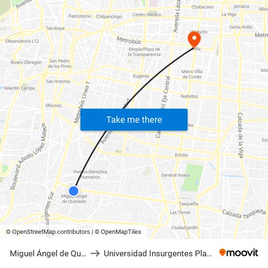 Miguel Ángel de Quevedo to Universidad Insurgentes Plantel Xola map