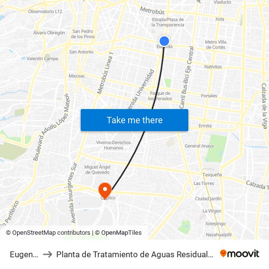 Eugenia to Planta de Tratamiento de Aguas Residuales map
