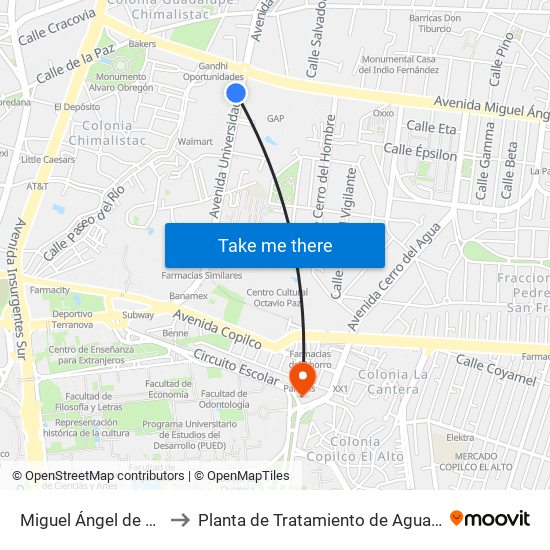 Miguel Ángel de Quevedo to Planta de Tratamiento de Aguas Residuales map