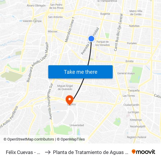 Félix Cuevas - Zapata to Planta de Tratamiento de Aguas Residuales map