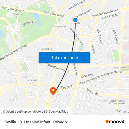 Sevilla to Hospital Infantil Privado map