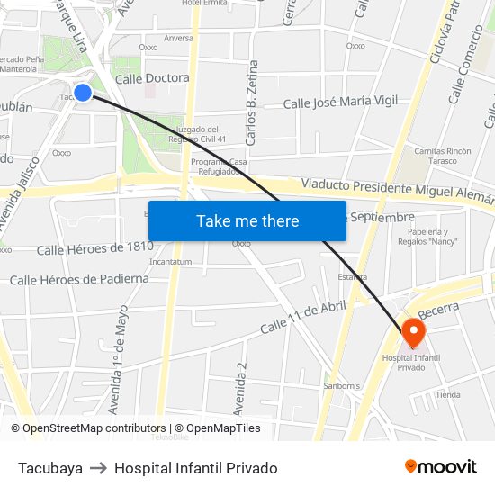 Tacubaya to Hospital Infantil Privado map