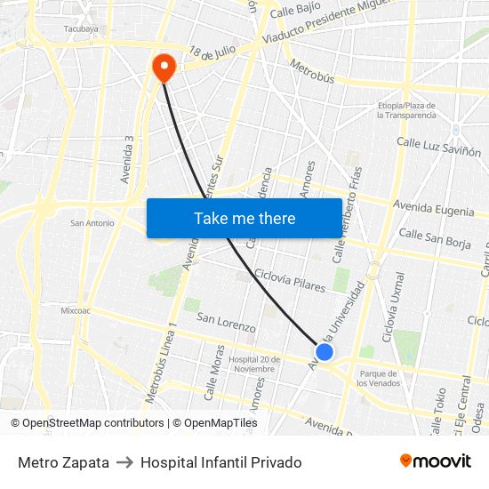 Metro Zapata to Hospital Infantil Privado map