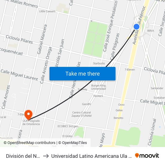 División del Norte to Universidad Latino Americana Ula Zapata map