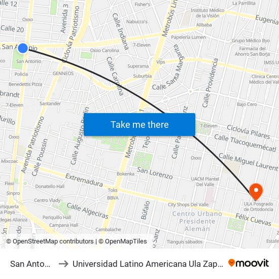 San Antonio to Universidad Latino Americana Ula Zapata map
