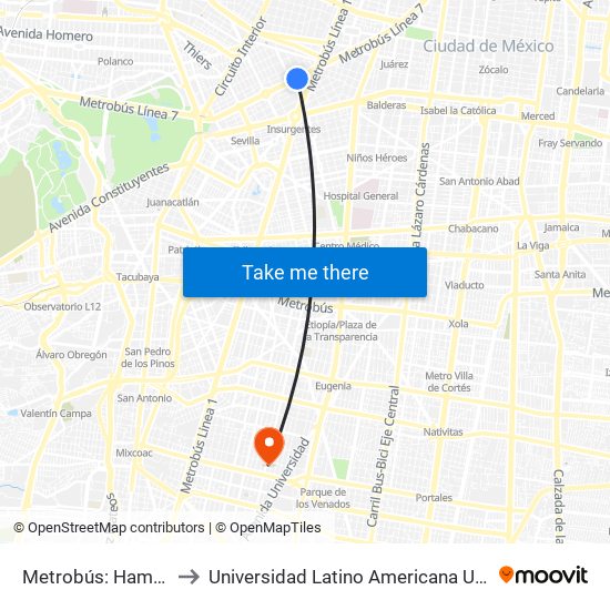 Metrobús: Hamburgo to Universidad Latino Americana Ula Zapata map