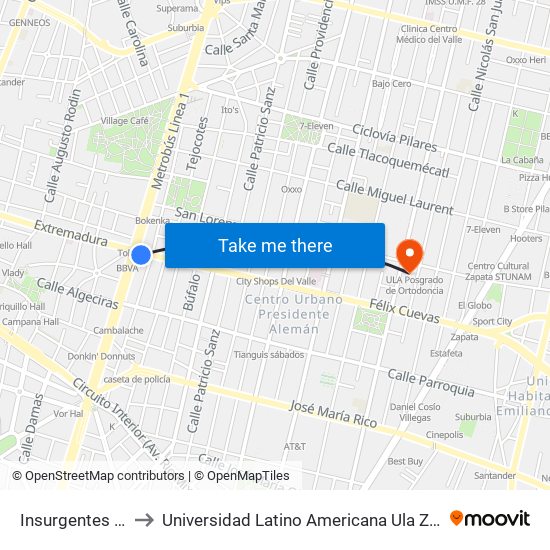 Insurgentes Sur to Universidad Latino Americana Ula Zapata map