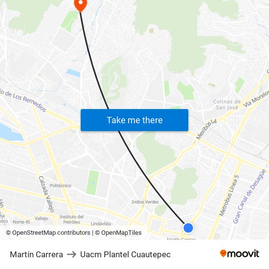 Martín Carrera to Uacm Plantel Cuautepec map