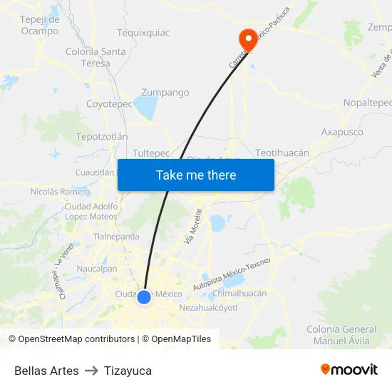 Bellas Artes to Tizayuca map
