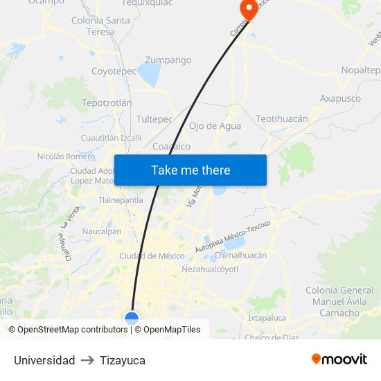 Universidad to Tizayuca map