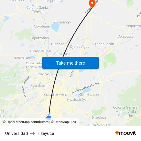 Universidad to Tizayuca map