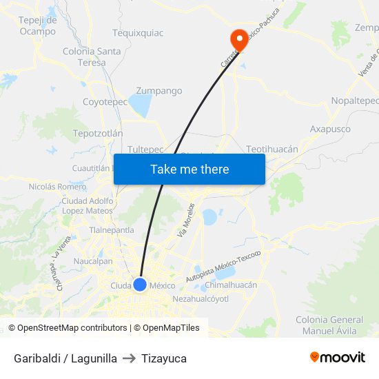 Garibaldi / Lagunilla to Tizayuca map