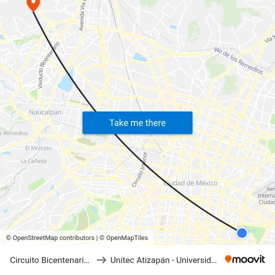 Circuito Bicentenario Río Churubusco_1 to Unitec Atizapán - Universidad Tecnológica de México map