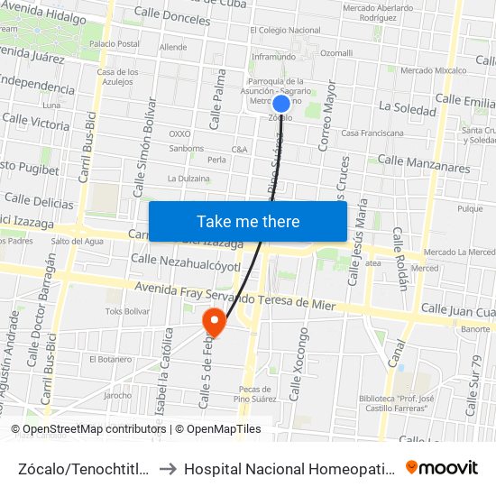 Zócalo/Tenochtitlán to Hospital Nacional Homeopatico map