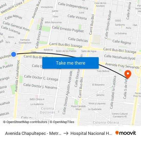 Avenida Chapultepec - Metro Cuauhtémoc to Hospital Nacional Homeopatico map