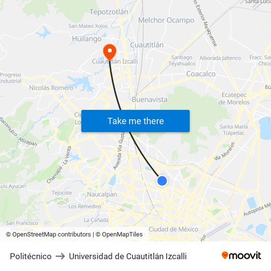 Politécnico to Universidad de Cuautitlán Izcalli map