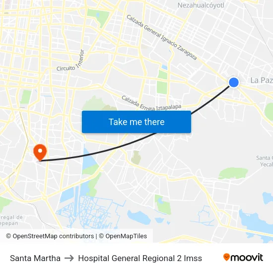 Santa Martha to Hospital General Regional 2 Imss map