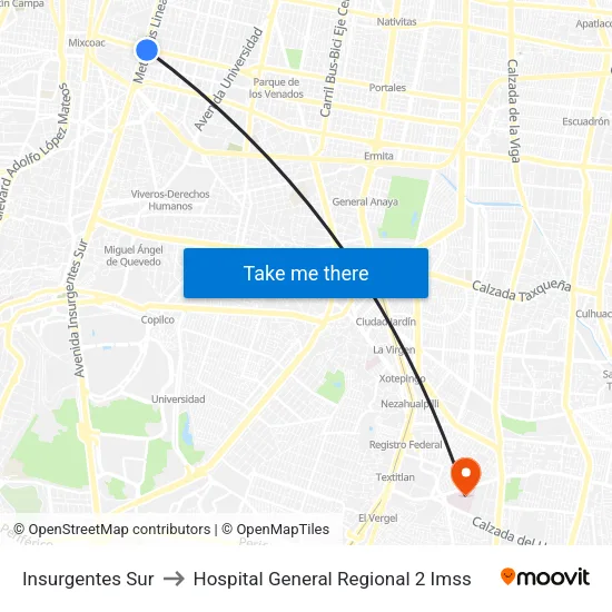 Insurgentes Sur to Hospital General Regional 2 Imss map