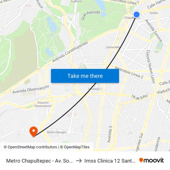 Metro Chapultepec - Av. Sonora to Imss Clinica 12 Santa Fe map