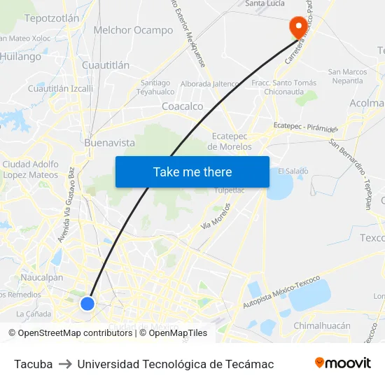 Tacuba to Universidad Tecnológica de Tecámac map