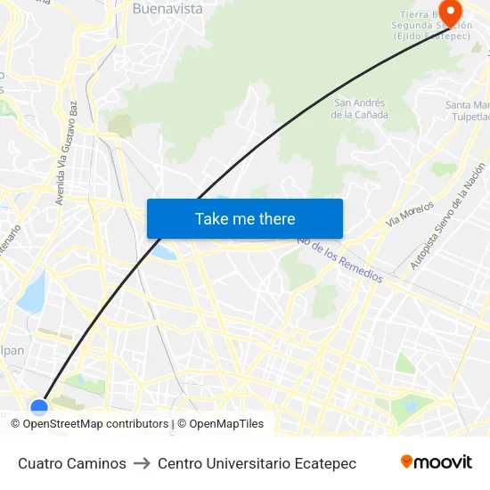 Cuatro Caminos to Centro Universitario Ecatepec map