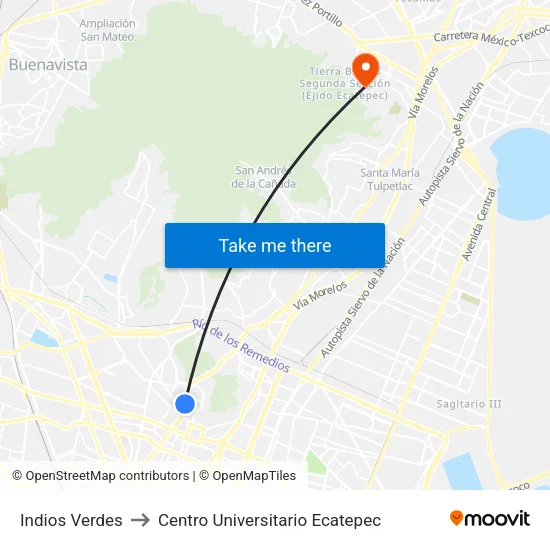 Indios Verdes to Centro Universitario Ecatepec map