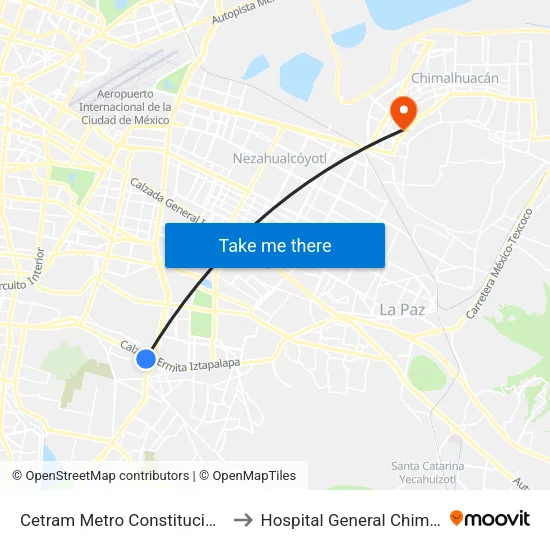 Cetram Metro Constitución de 1917 to Hospital General Chimalhuacán map