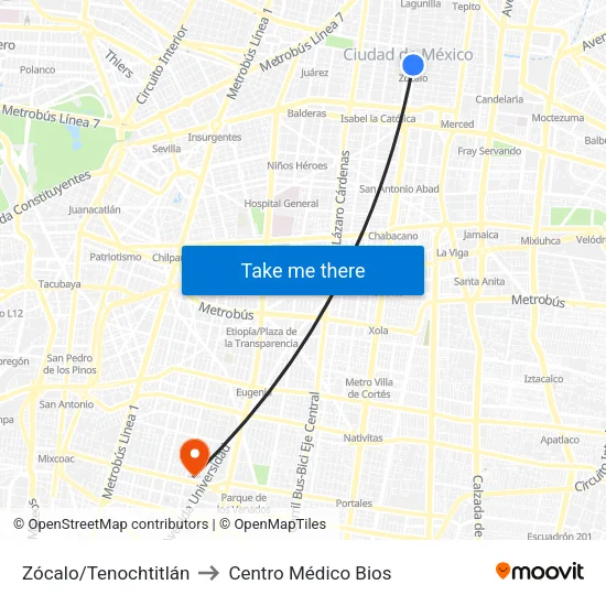 Zócalo/Tenochtitlán to Centro Médico Bios map