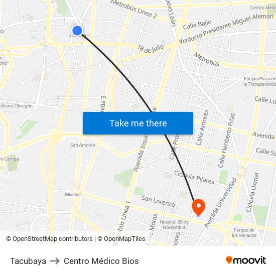 Tacubaya to Centro Médico Bios map