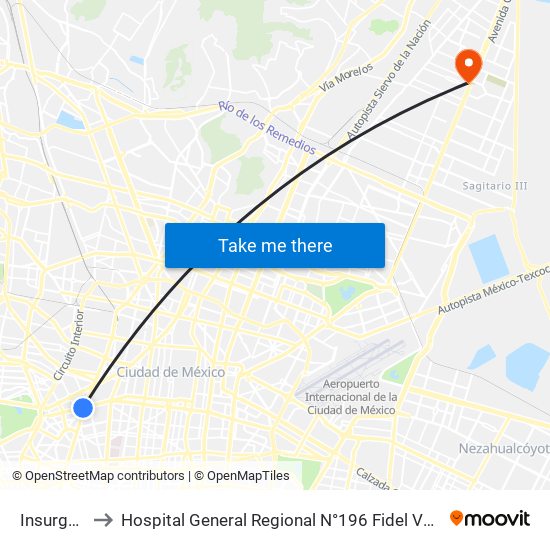 Insurgentes to Hospital General Regional N°196 Fidel Velazquez Sanchez map