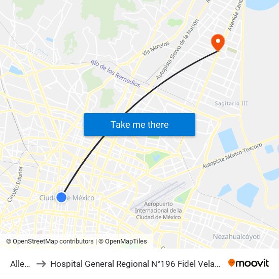 Allende to Hospital General Regional N°196 Fidel Velazquez Sanchez map