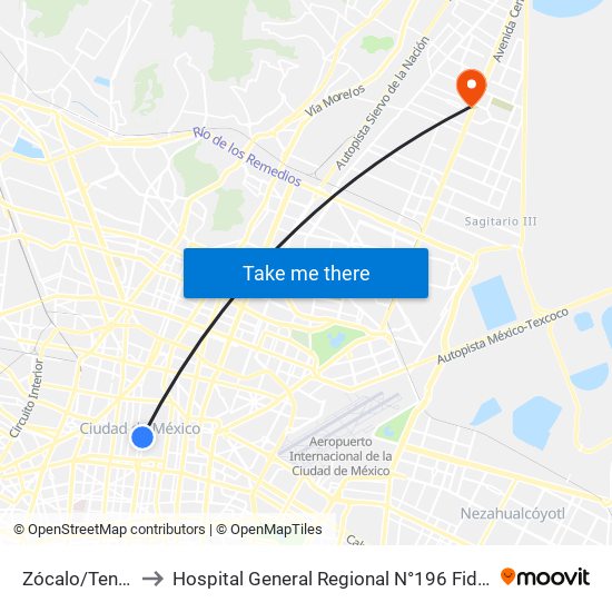 Zócalo/Tenochtitlán to Hospital General Regional N°196 Fidel Velazquez Sanchez map