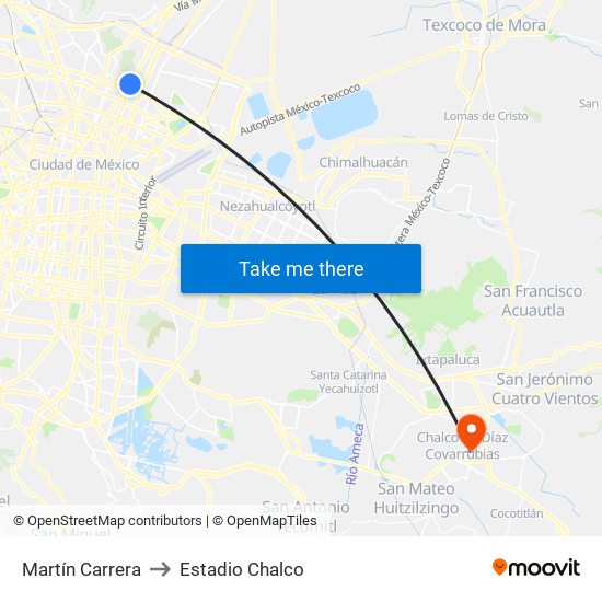 Martín Carrera to Estadio Chalco map