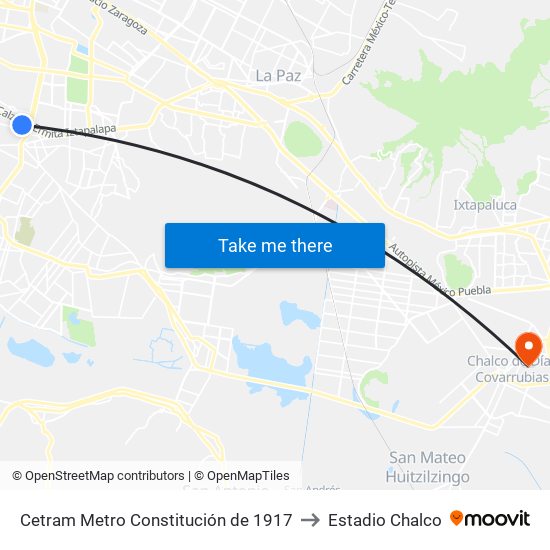 Cetram Metro Constitución de 1917 to Estadio Chalco map