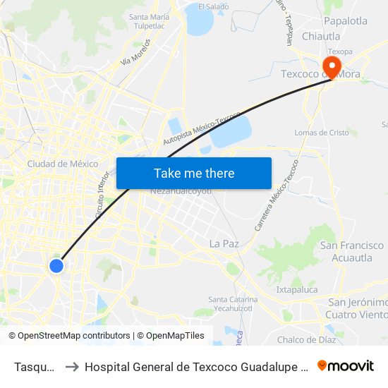 Tasqueña to Hospital General de Texcoco Guadalupe Victoria map