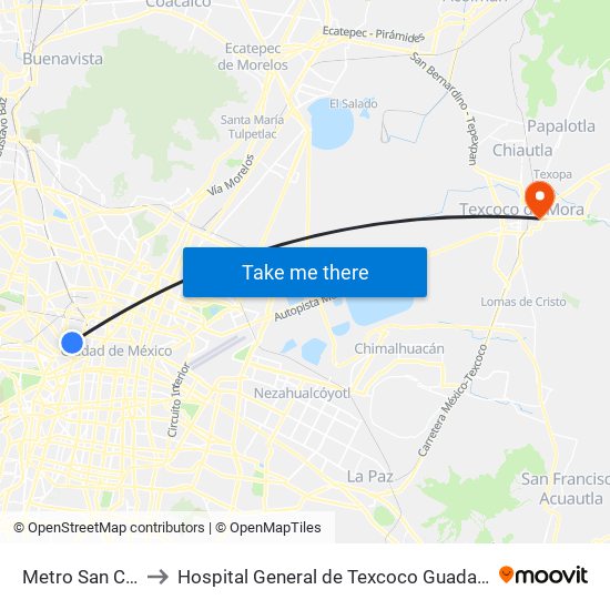 Metro San Cosme to Hospital General de Texcoco Guadalupe Victoria map