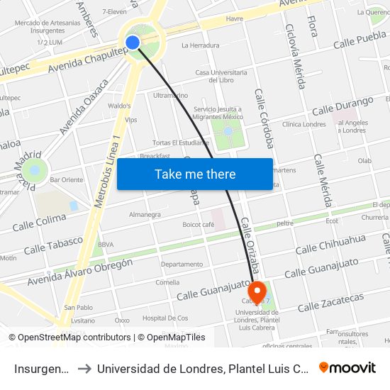 Insurgentes to Universidad de Londres, Plantel Luis Cabrera map