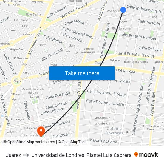 Juárez to Universidad de Londres, Plantel Luis Cabrera map