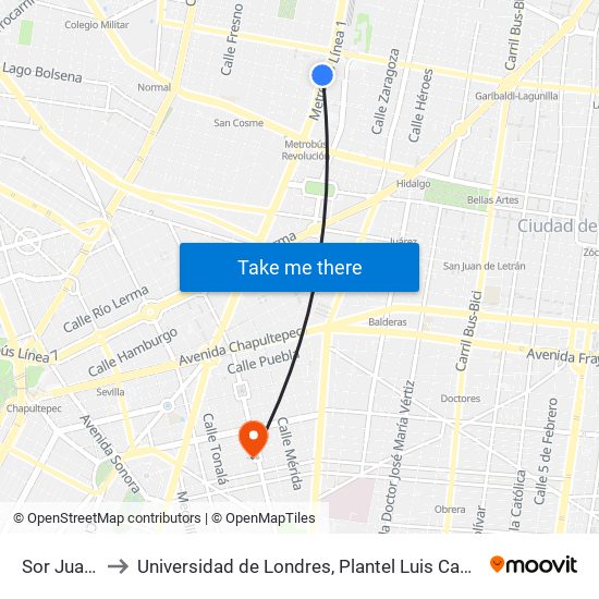 Sor Juana to Universidad de Londres, Plantel Luis Cabrera map