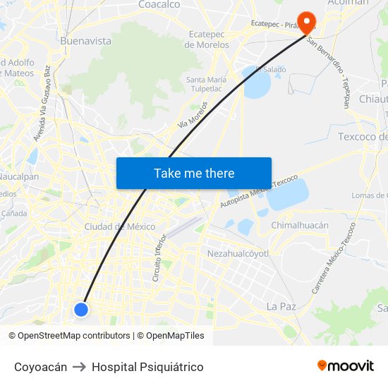 Coyoacán to Hospital Psiquiátrico map