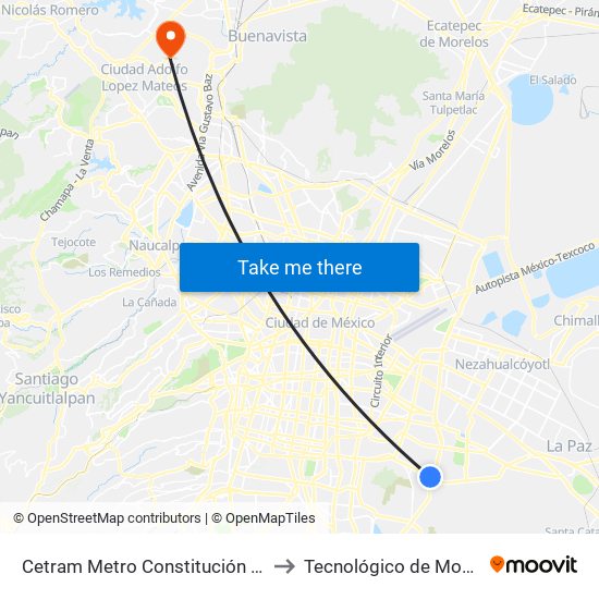 Cetram Metro Constitución de 1917 to Tecnológico de Monterrey map