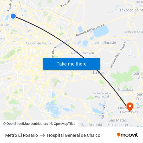 Metro El Rosario to Hospital General de Chalco map