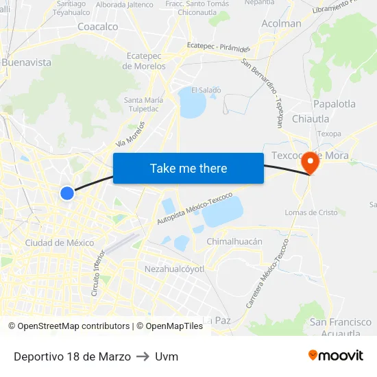 Deportivo 18 de Marzo to Uvm map